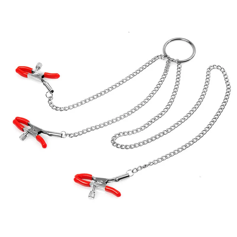 3 Headed Nipple & Labia Clamp Chain | Fetish | Metal | Red | Bondage