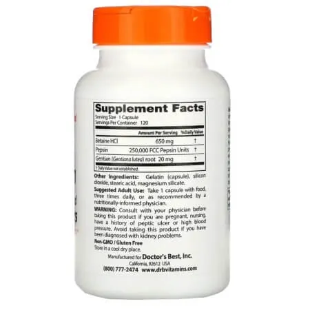 Bitters of betaine hydrochloride, pepsin and gentian, Doctor's Best, 120 capsules