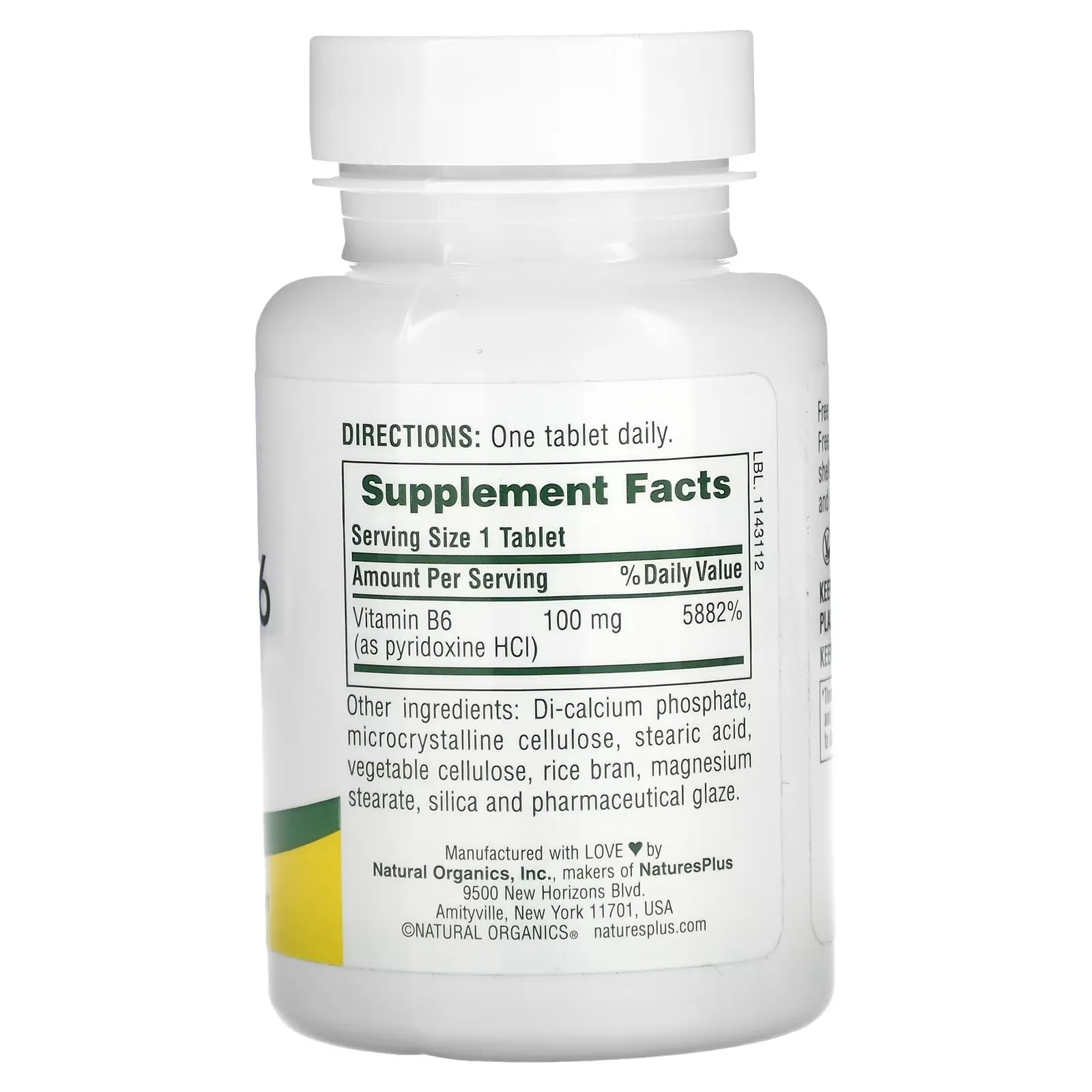 Dietary supplement NaturesPlus vitamin B-6, 100 mg., 90 tablets