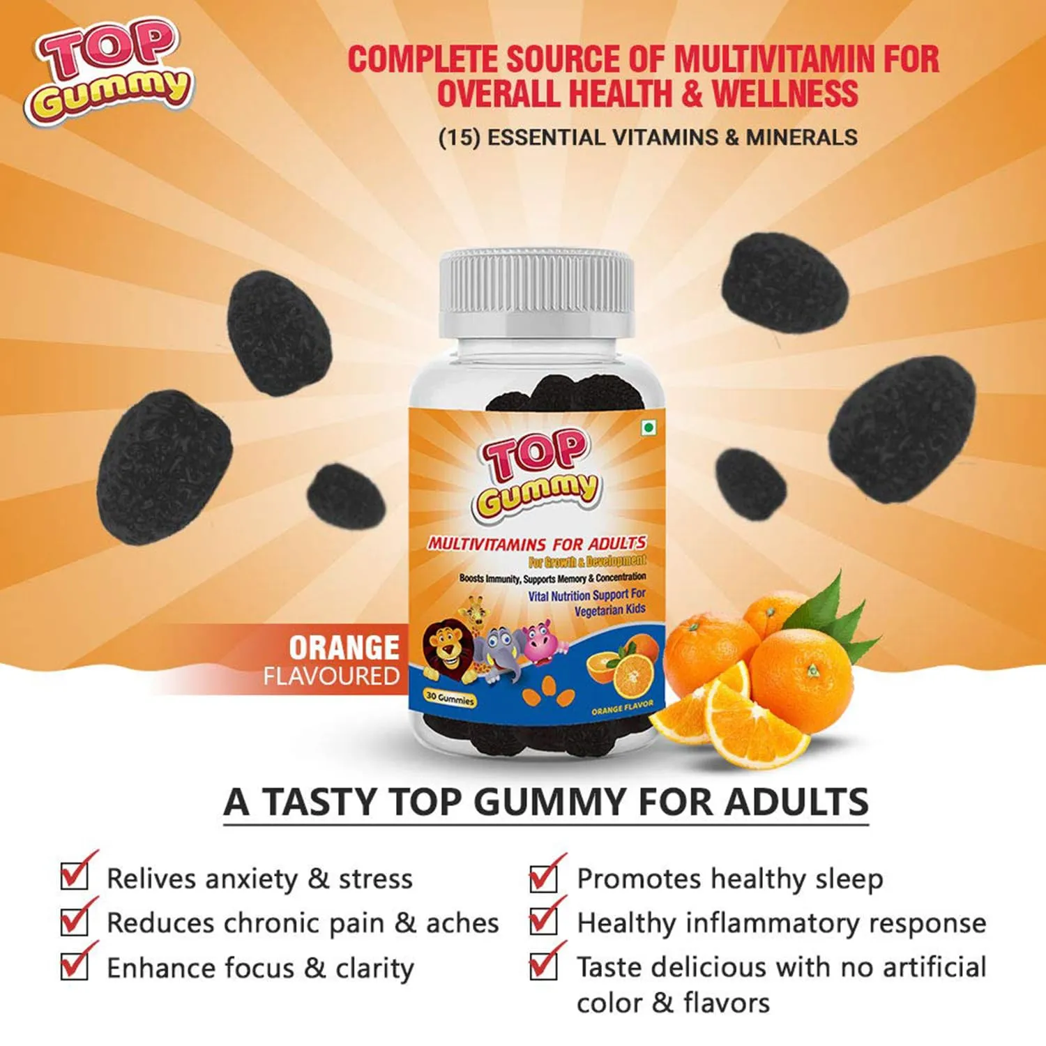 Top Gummy Multivitamin Gummies for Adults with 15 Vitamins & Minerals | Essential Vitamins For Growth, Development & Immunity | Gluten, Soy & Dairy Free - 30 Gummies (Orange Flavor) (Pack of 3)