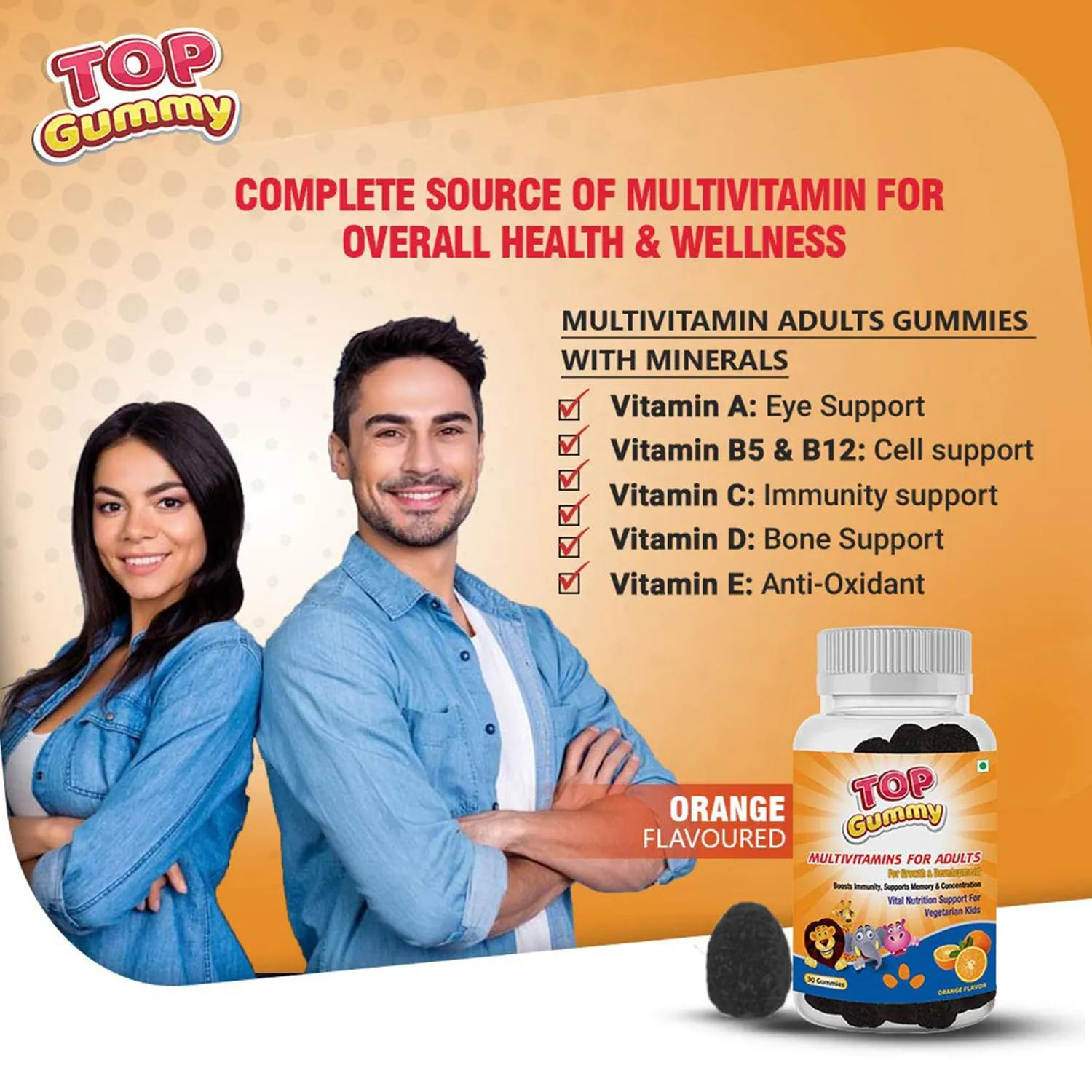 Top Gummy Multivitamin Gummies for Adults with 15 Vitamins & Minerals | Essential Vitamins For Growth, Development & Immunity | Gluten, Soy & Dairy Free - 30 Gummies (Orange Flavor) (Pack of 3)
